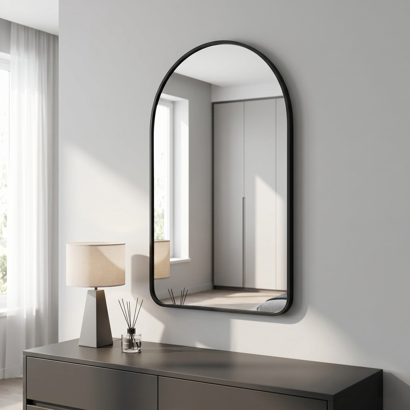 GRAHMCY 26"x38" Arched Bathroom Wall Mirror Rounded Corner Vanity Mirror with Metal Frame, Black