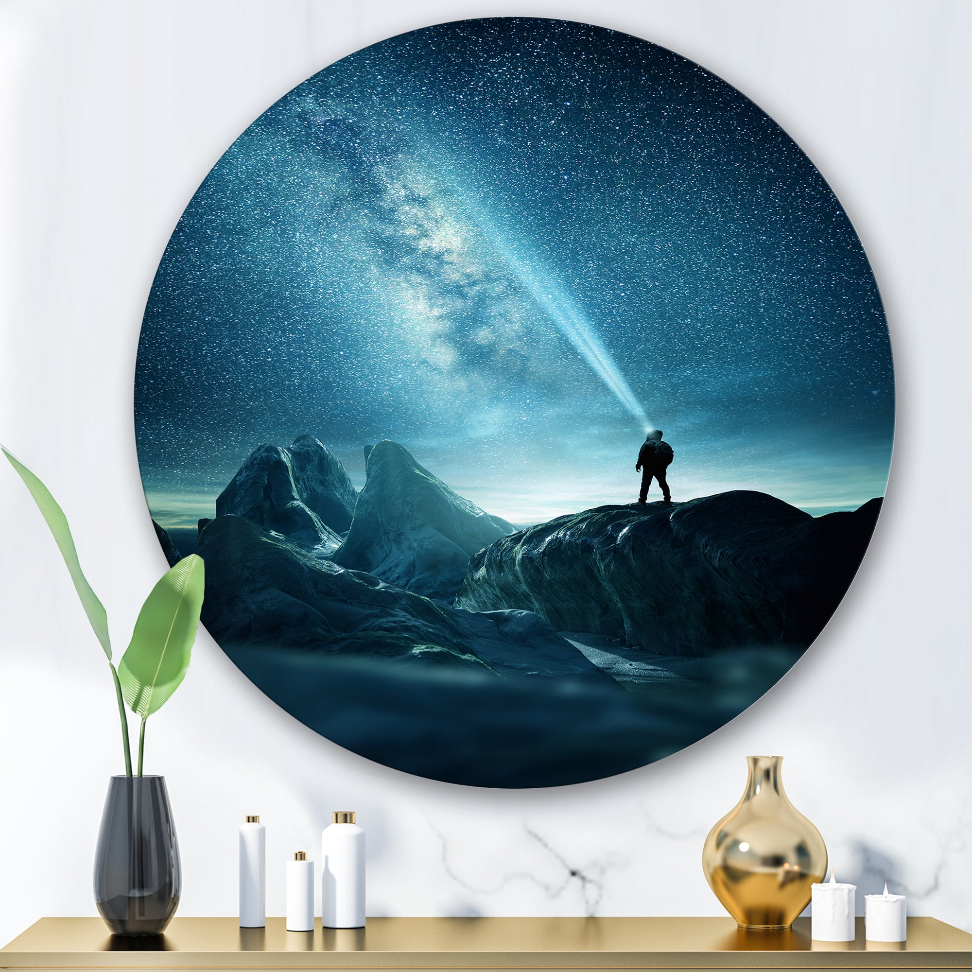Designart 'A Light Shining by A Man Shining Into The Night Sky' Modern Circle Metal Wall Art 29x29 - Disc of 29