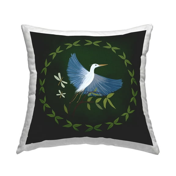 Stupell Industries Heron & Dragonflies Wreath 18" x 18" Animals Floral Print Polyester Throw Pillow, Zip Closure 1 Count