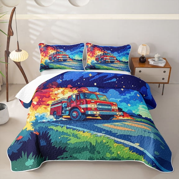Castle Fairy Cartoon Fire Truck Twin Quilt Set,Night Flame Print Twin Coverlet Set for Bedroom,Red Blue