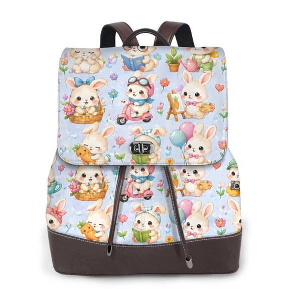 Cute Bunny Women's Leather Backpack All-Over Print Bag for Work and Travel