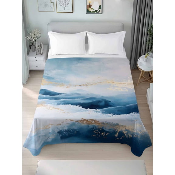 Blue Yellow California King Size Flat Sheet, Wrinkleproof & Fadeproof Cooling Flat Bed Sheet Only, Modern Ombre Abstract Oil Painting Breathable Soft Bedding Top Sheets 108 x 98 Inches