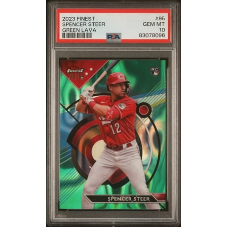 Graded 2023 Topps Finest Spencer Steer #95 Green Lava #/99 Rookie RC Baseball Card PSA 10 Gem Mint