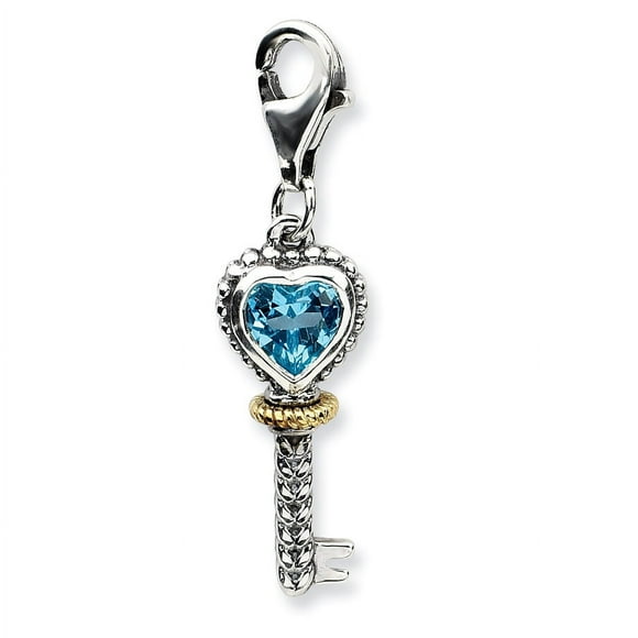 Sterling Silver w/14k Blue Topaz Antique Key w/Lobster Clasp Charm QTC492 (40mm x 8mm)
