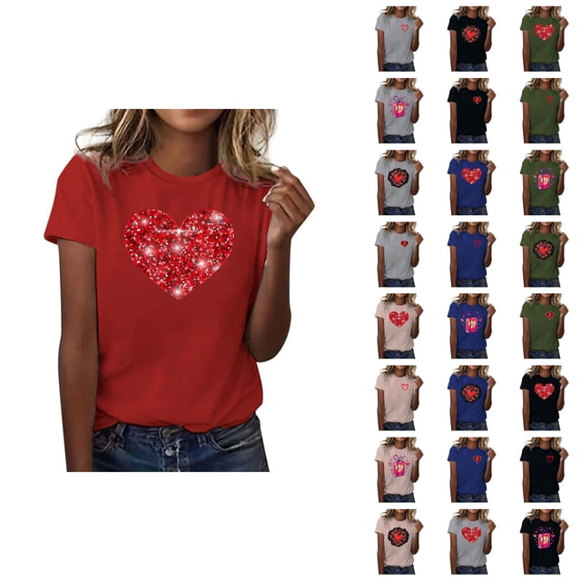 T-shirts de la Saint-Valentin pour Femmes 2026 Mode Manches Courtes Col Rond Cœur Graphique