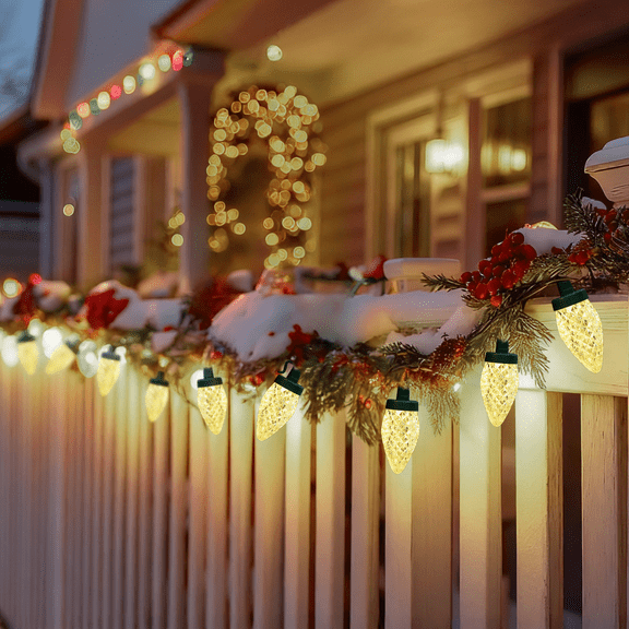 4 Pack Battery Powered C9 Christmas String Lights Outdoor, 50 Warm White Bulbs, 24.6ft, 8 Modes, Timer, Waterproof Holiday Decoration Lights for Tree Porch Patio Wreath Party