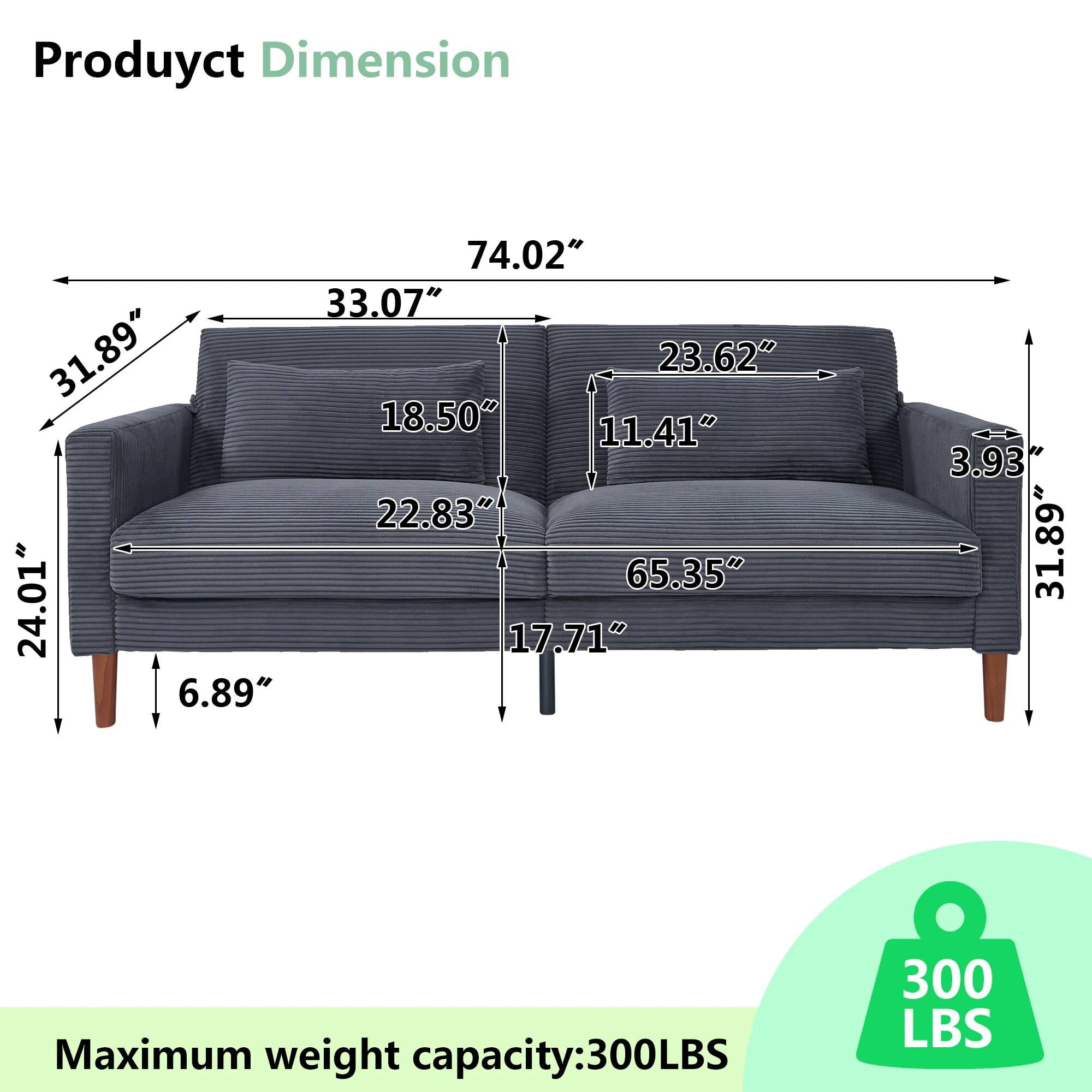 Comfy Futon Sofa Corduroy Loveseat Couch with Pillow Cushion, Modern Sleeper Sofa Couch with Solid Leg for Living Room,Bedroom, Grey