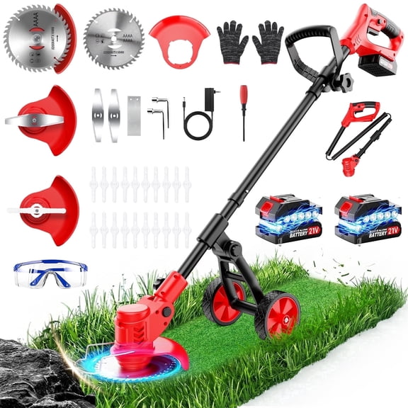Tanbaby 6 inch Weed Eaters Cordless with Metal Wheels, 3-in-1 Battery Powered Grass Trimmer & String Trimmer/Edger Kit for Lawn Garden Pruning/Trimming