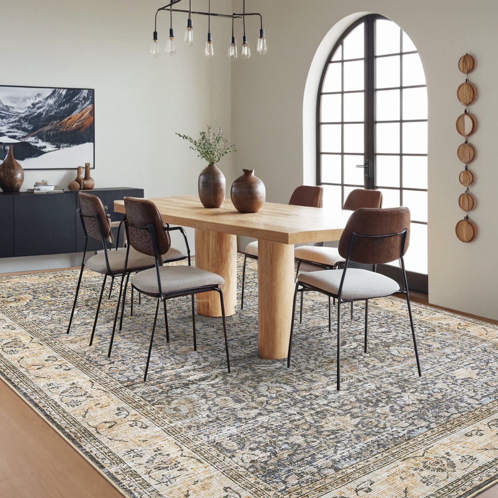 Washable Area Rugs, Beige Yellow 5'X7' Antique Distressed Large Rug for Living Room, Modern Non Slip Stain Resistant Vintage Print Accent Carpet Floor Mat for Bedroom Dining Office Farmhouse