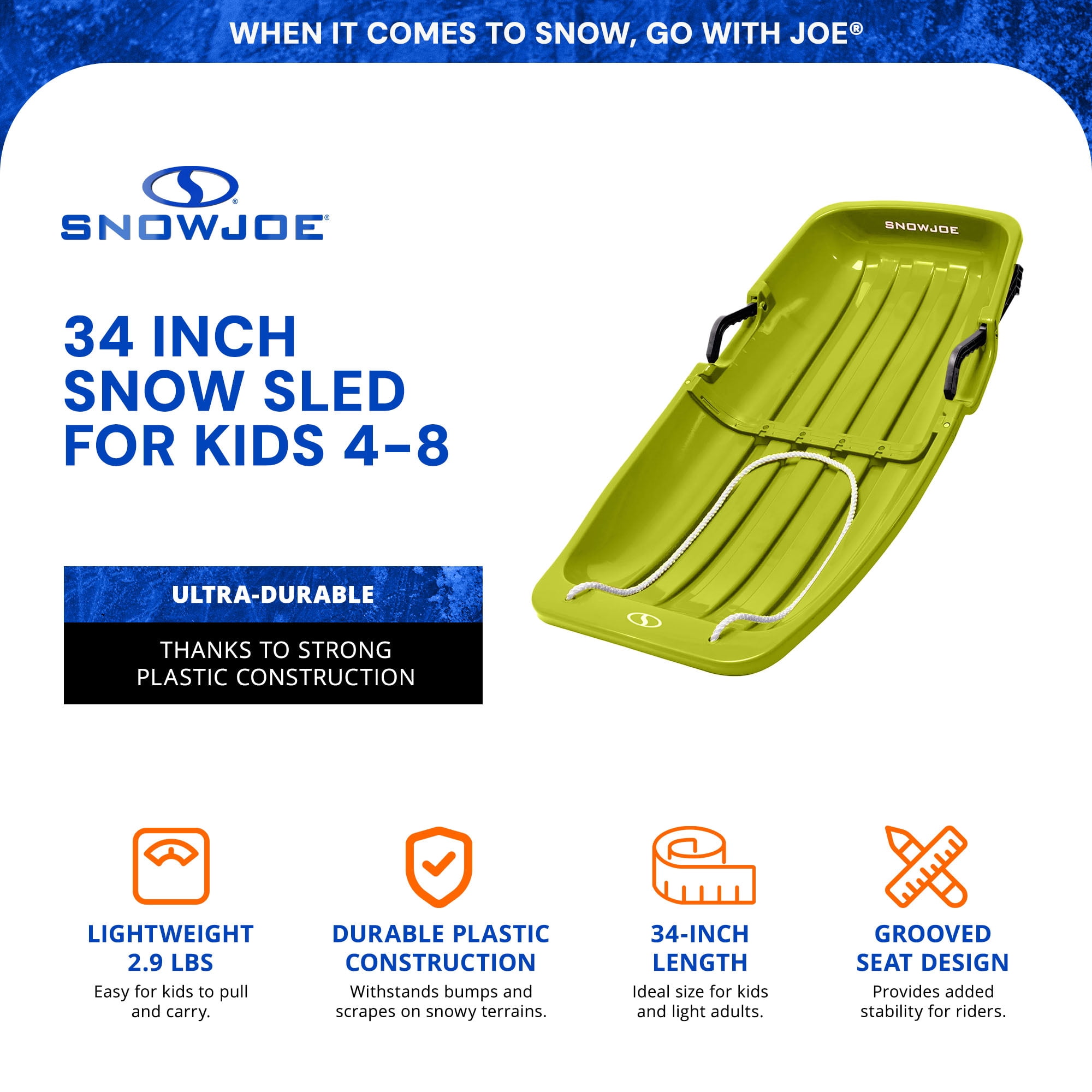 Snow Joe Plastic Snow Sled 34” Toboggan Board with Handles and Rope, Green, SJ-SLD34-GRN