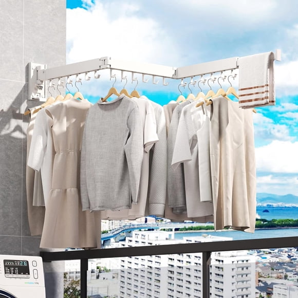 Tendedero de Pared,Estante de Ropa Retractil para Ahorro de Espacio,Capacidad de Carga 35KG,Con 18 Ganchos y 1 Barra,Ángulo Ajustable 360°,Tendedero Plegable para Ropa,para Balc&