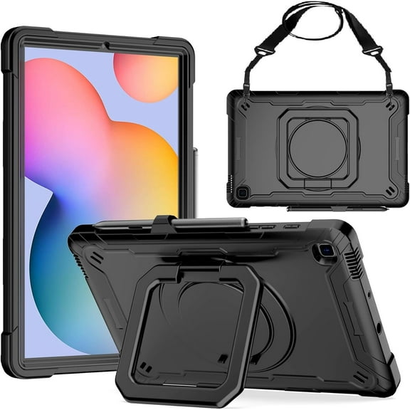 elitegadget Case for Samsung Galaxy Tab S6 Lite 10.4" 2024/2020/2022 - Heavy Duty Impact Resistant Case Cover with Rotating Ring Stand (Black/Black)