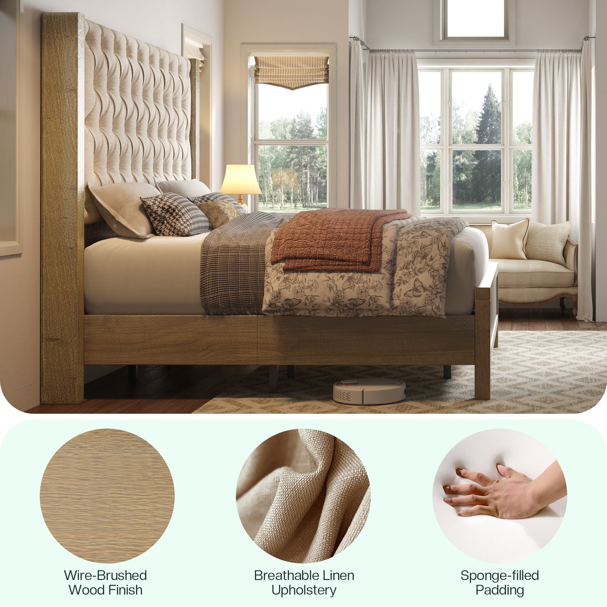 Merluxy Solid Wood King Size Bed Frame, 57" Tall Farmhouse Upholstered Line Wingback Headboard, Deep Button Tufted, Easy Assembly, Gray Wash