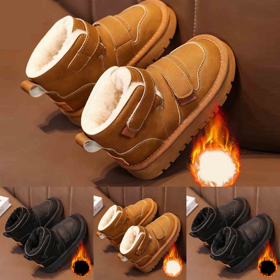 Afuyipoi Kids' Hook and Loop Snow Boots Faux Leather Thickened Warm Winter Short Boots Size 9.5 Little Kid - 3.5 Big Kid Black Size 13.5 Little Kids