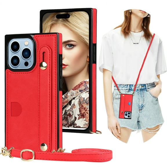 CCSmaller for iPhone 15 Pro Max Case with Card Holder for Women, Phone Case Crossbody with Wrist Strap & Removable Adjustable Shoulder Lanyard Cover for iPhone 15 Pro Max KB Red