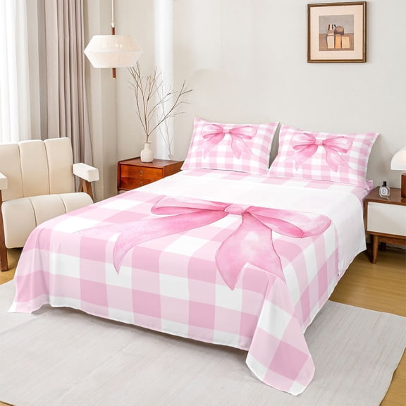 Castle Fairy Boys Girls Cute Ribbon Bow Twin Sheet Sets,Pink White Checkered Bedding