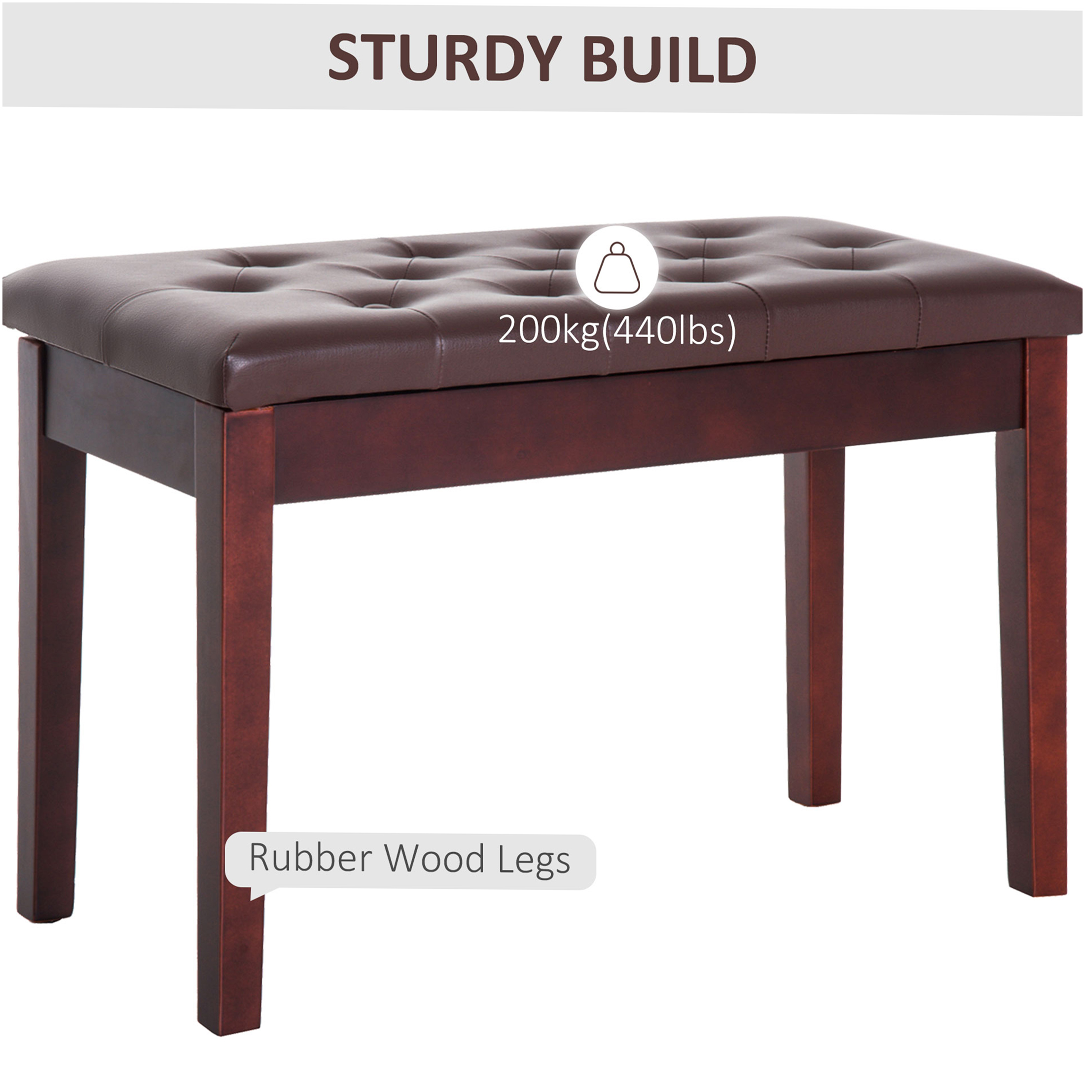 JERFIT Piano Bench for 2 Persons, Button Tufted Faux Leather Keyboard Seat with Rubber Wood Frame, Brown