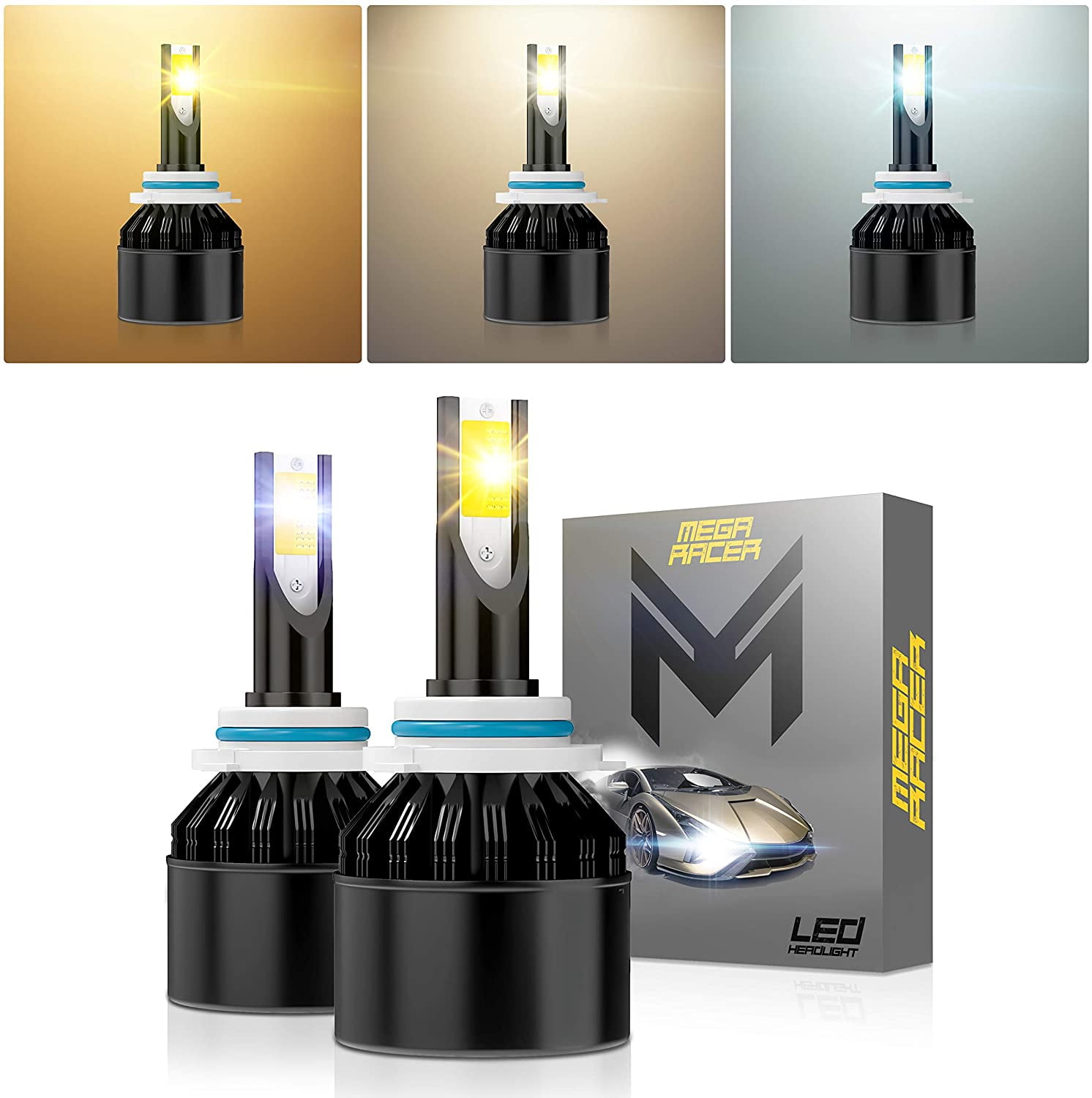 mega racer h10 hb3 9005 led headlight bulbs 3 color changing lights 6000k diamond white 3000k golden yellow 4300k warm white for high beam low