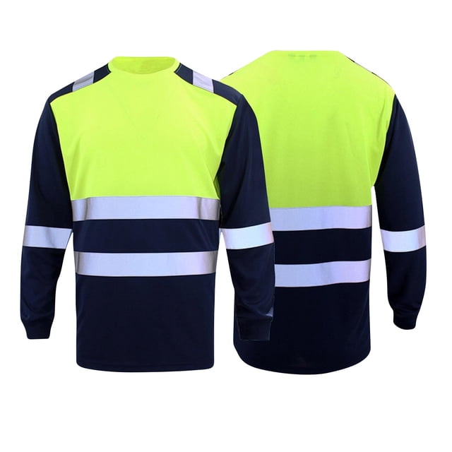 Handshe Men's Reflective Mesh Workwear Safety Shirt, Color Block Long Sleeve Round Neck Top for Construction, High-Visibility Outdoor Work Apparel