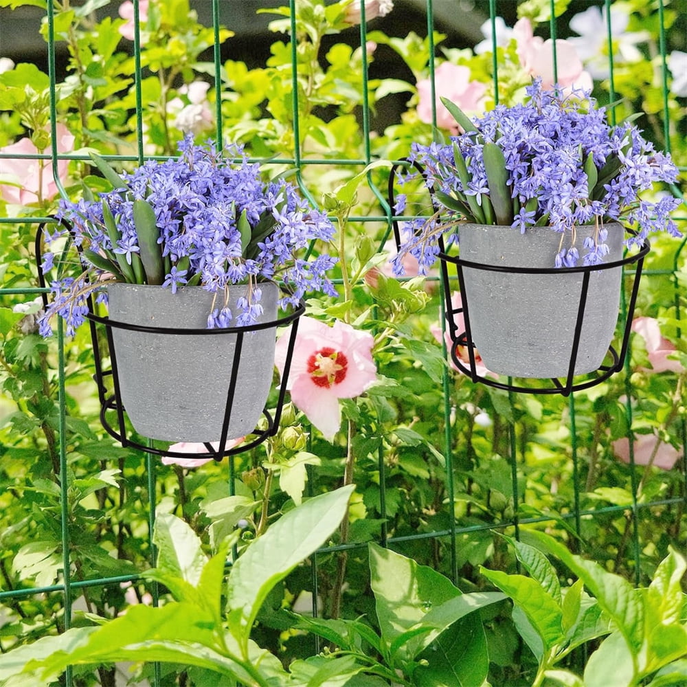 NOGIS 4 Pack Round Hanging Railing Planters Basket Metal Balcony Planters Railing Hanging Flower Pot Holders for Outside,Indoor，Balcony,Garden