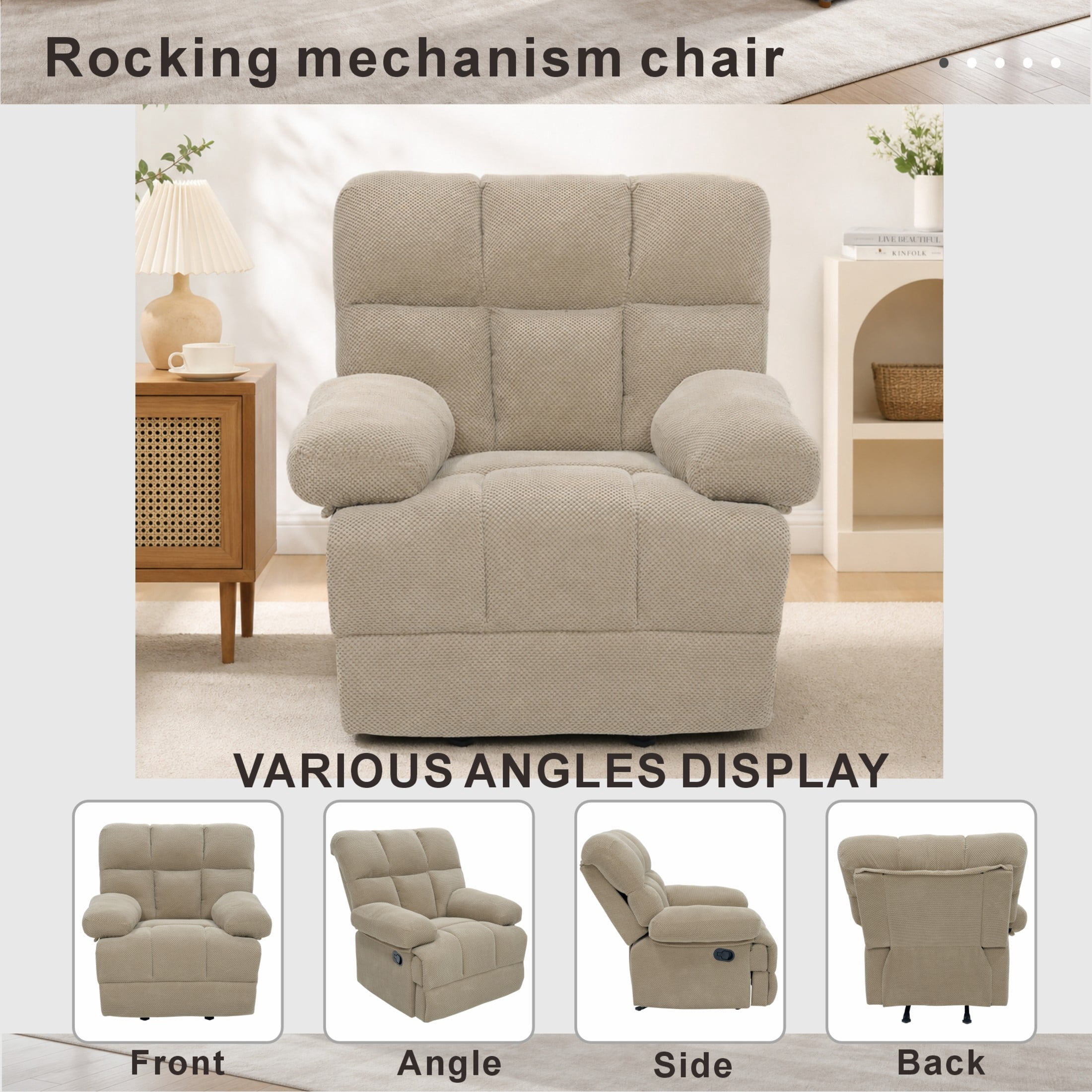 Noble House Modern Manual Rocker Recliner Chair with Nubby Upholstery Fabric, Padded Arms, Camel
