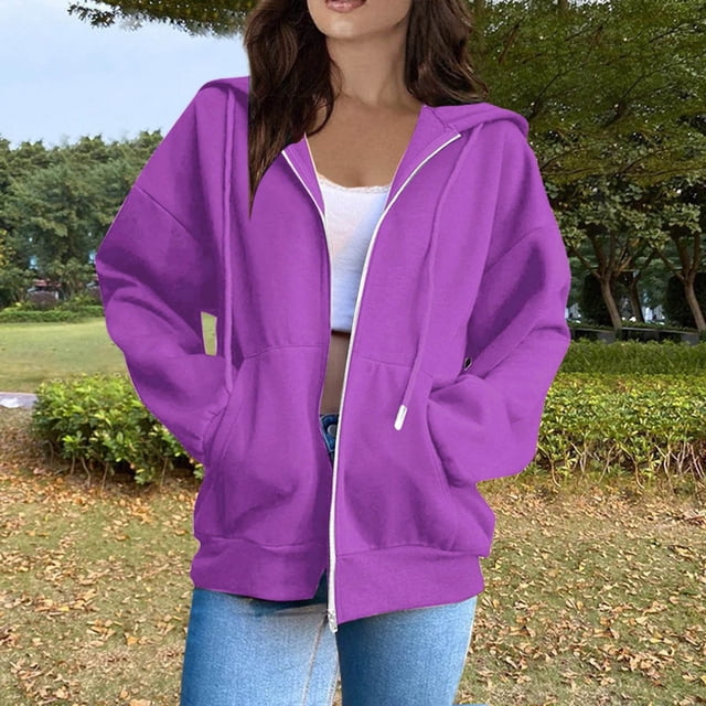 MHFRRA Chandail à Capuchon pour Femmes Mode Solide Ample à Capuche Fermeture Éclair Veste à Manches Longues TG