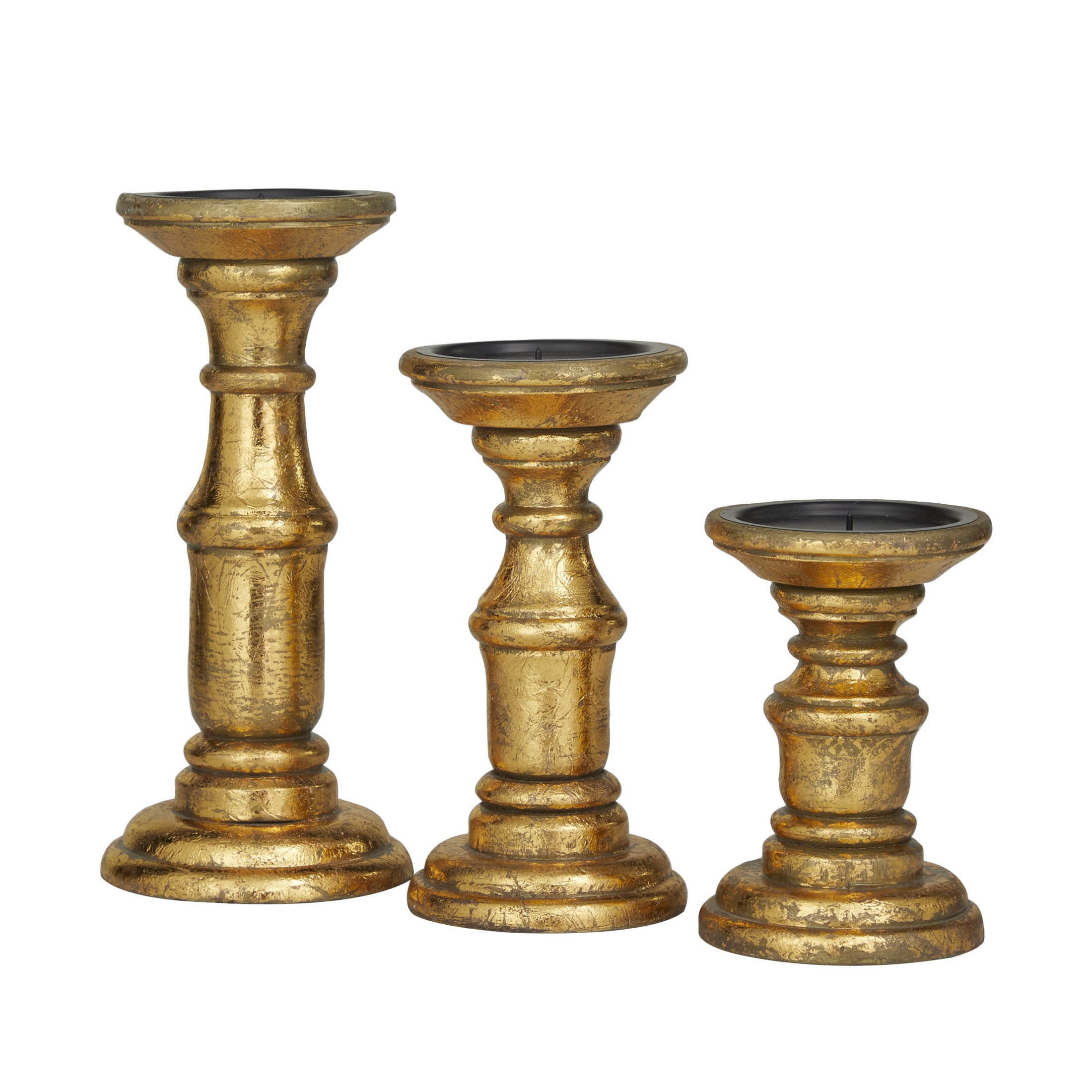 DecMode 3 Candle Gold Mango Wood Turned Style Pillar Candle Holder, Set of 3