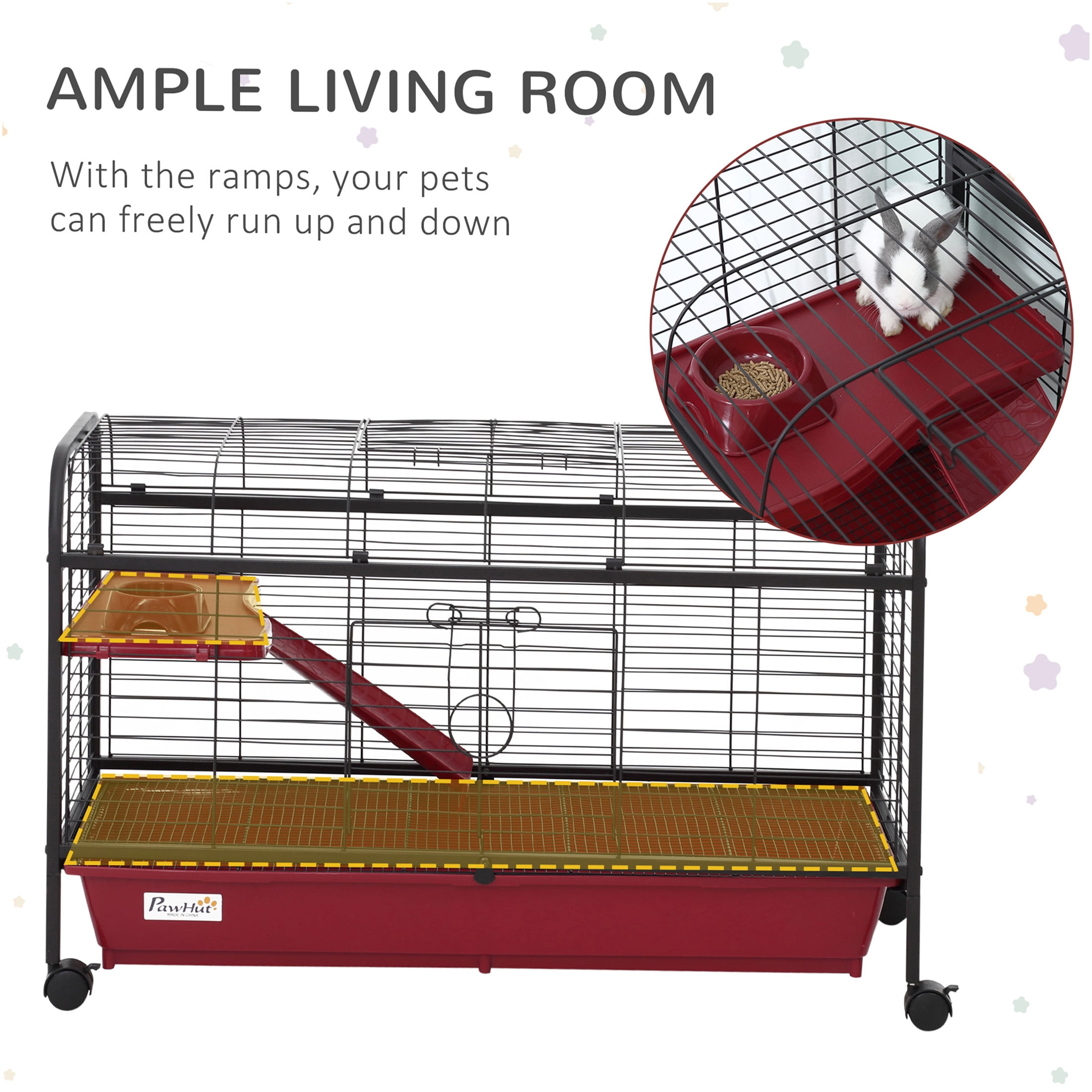 JERFIT 41 inch Rolling Small Animal Cage Hutch with Wheels, Multi-Level Platform & Ramp for Rabbits, Ferrets, Guinea Pigs