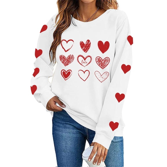 Fnooota Women Valentine's Day Sweatshirts, Crew Neck Pullover Graphic Casual Long Sleeve Tops White Size S-2XL