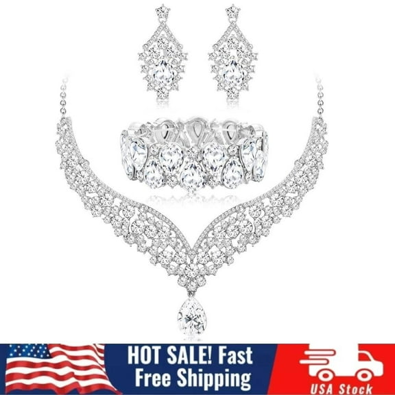 Crystal Bridal Jewelry Set for Women Prom Teardrop Necklace Earrings Bracelet