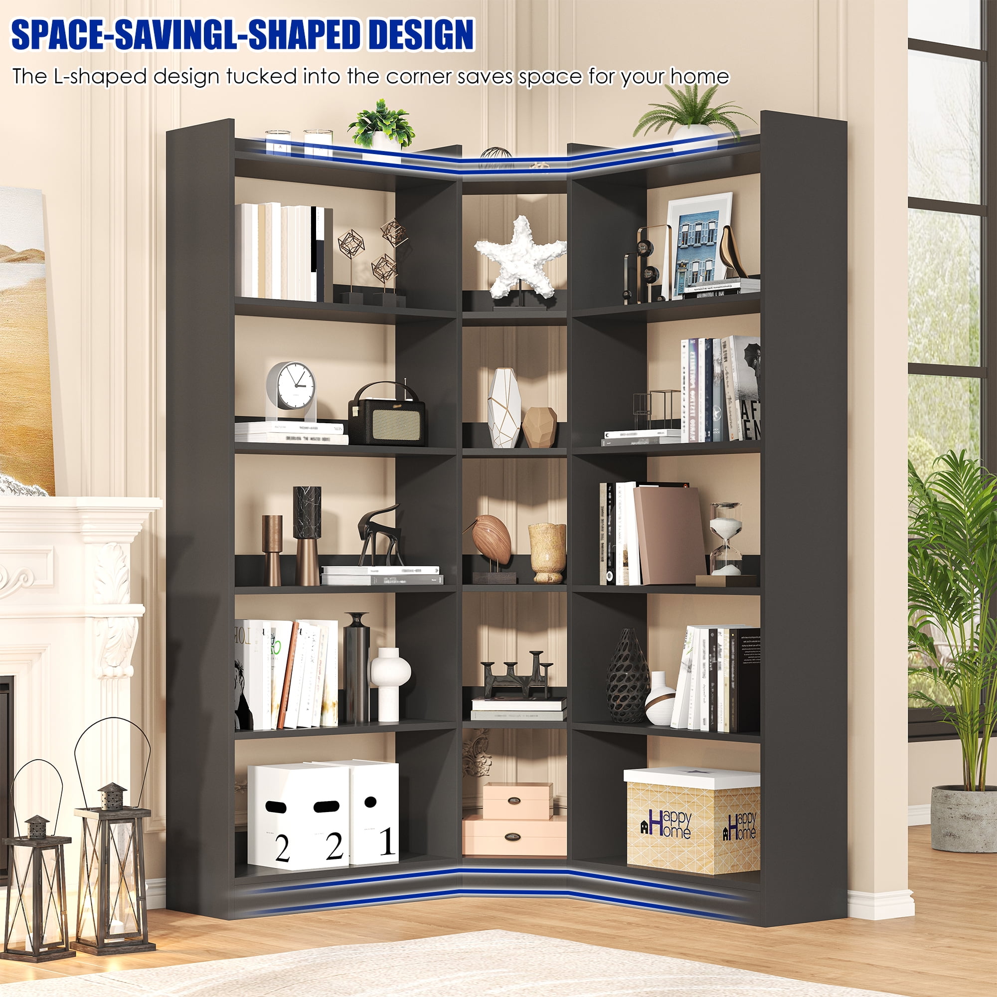 Triple Wide Corner Bookcase with 15 Cube, 6-Tire Bookshelf Display Storage Cabinet, Modern L-Shape Shelf Living Room Furniture for Home Office, Black