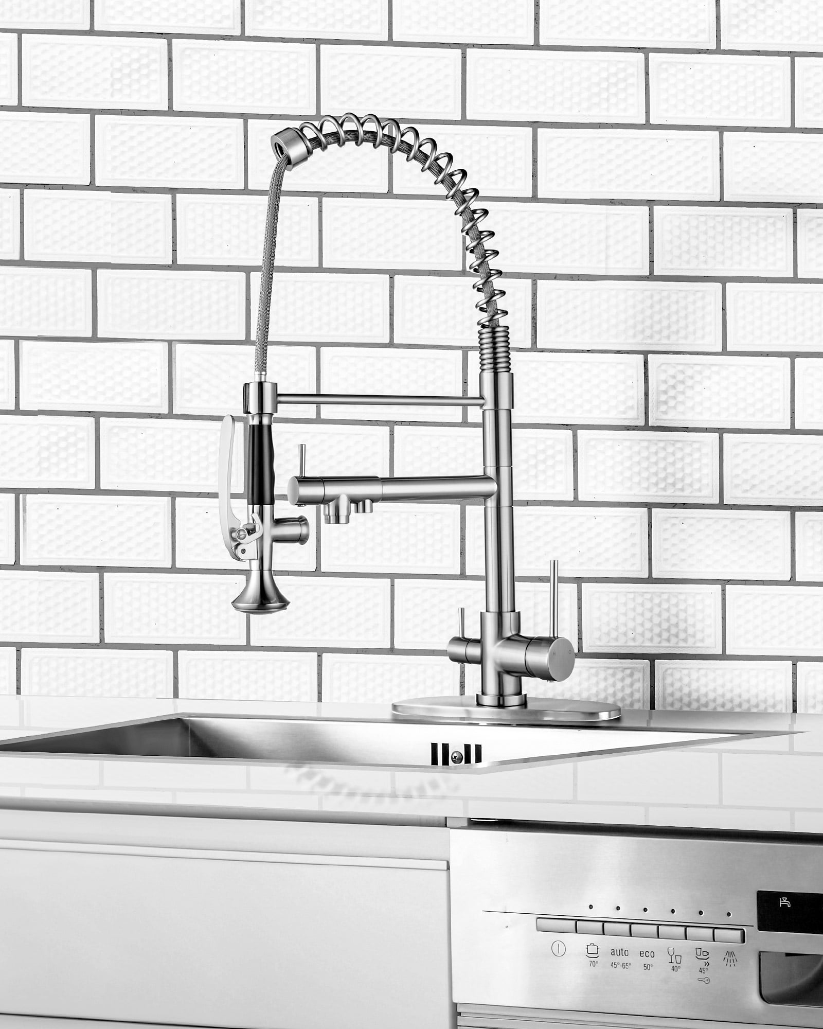WOWOW Double-Handles Pull Down Sprayer Kitchen Faucet with Drinking Water for 1 or 3 Hole in Solid Brass in Brushed Nickel
