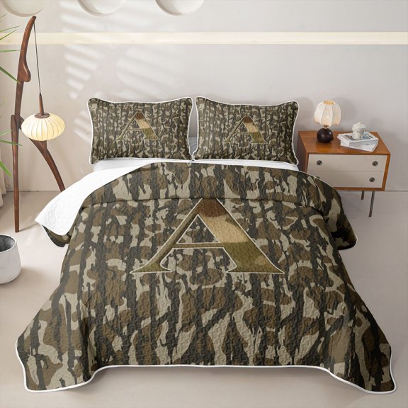 meiyoeat Rustic Hunting Camo Bed Spread Queen For Boys,Green Initial Letter A Queen Coverlet Set For Men,3pcs