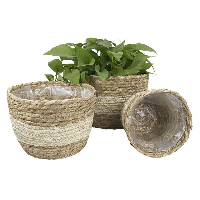 Maceta tejida de paja con marco para flores, cesta para plantar, ratán tejido, algas marinas naturales, para interior y exterior, para el hogar