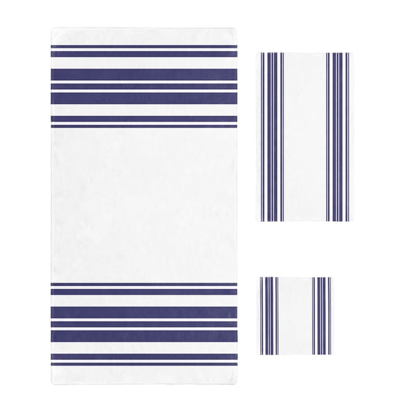 Navy Blue Striped Towel Set of 3, Soft Microfiber Bath Towels, Hand Towel, Washcloths, Modern White Striped Abstract Art Aesthetics Quick-Dry Absorbent Towels for Bathroom Kitchen Hotel Beach Gym Spa