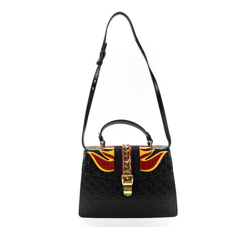 Pre-owned|Gucci Womens Medium Guccisima GG Sylvie Flames Satchel Handbag SRTSTY14 Black