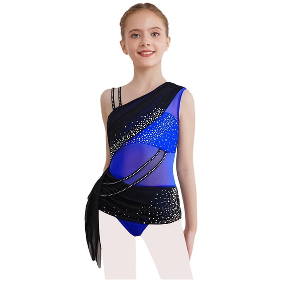 YiZYiF Kids Girls Sparkly Color Block Lyrical Dance Dress Asymmetrical Mesh Tulle Ballet Leotard Contemporary Dancewear Blue 14