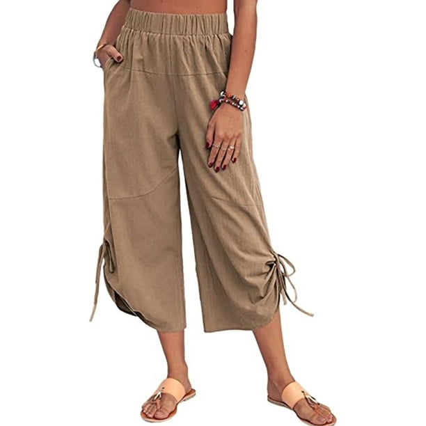 MAWCLOS Women Capri Pants Elastic Waist Cropped Trousers Solid Color  Palazzo Pant Casual Summer High Waisted Bottoms Khaki XL 