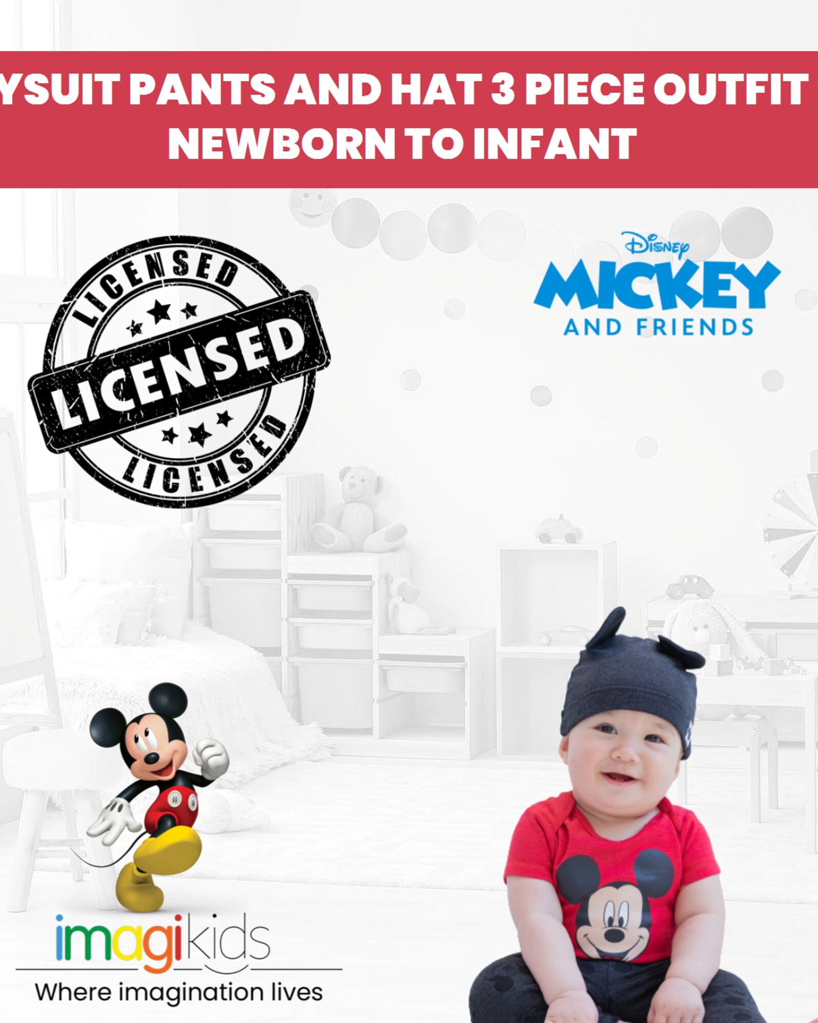 Disney Mickey Mouse Infant Baby Boys or Girls Bodysuit Pants and Hat 3 Piece Outfit Set Newborn to Infant