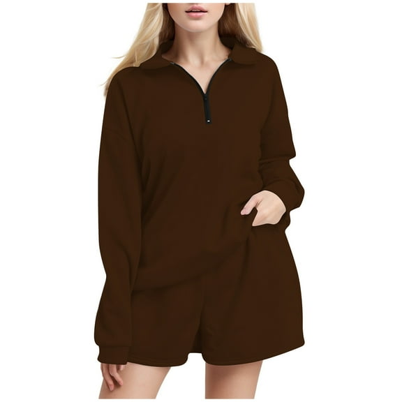 Women's Casual 2 Piece Shorts Suit Oversized Half Zip Sweatshirt and Shorts Set Comfortable Wear Outfit for Women