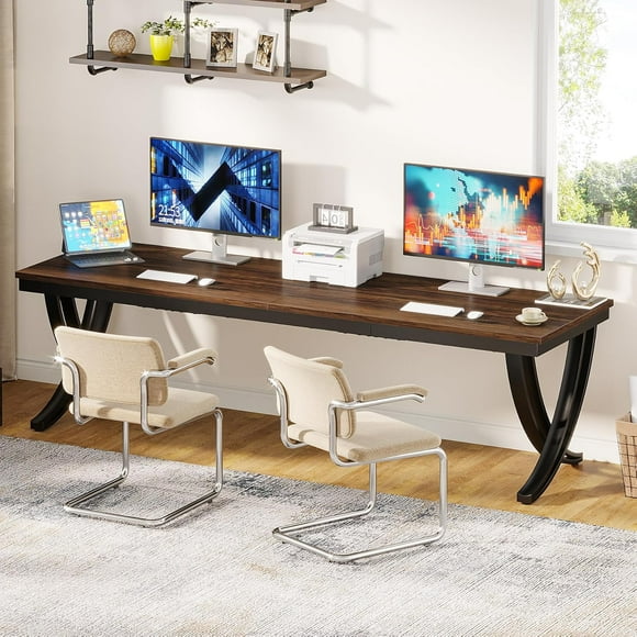 Tribesigns 78 Inch 2 Person Computer Desk, Double Workstation Desk with Curved Metal Legs, Rustic Brown Long Office Table for Home or Business Use