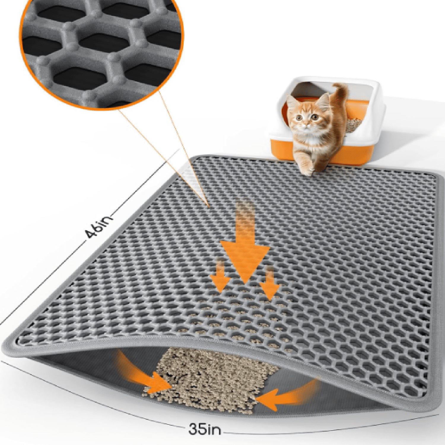 Cat Litter Mat - 46" x 35" Jumbo Litter Box Mat with Double Layers, Urine-Proof and Non-Slip Litter Trapping Mat, Easy to Clean Kitty Litter Mats for Floor, Scatter Control, Grey