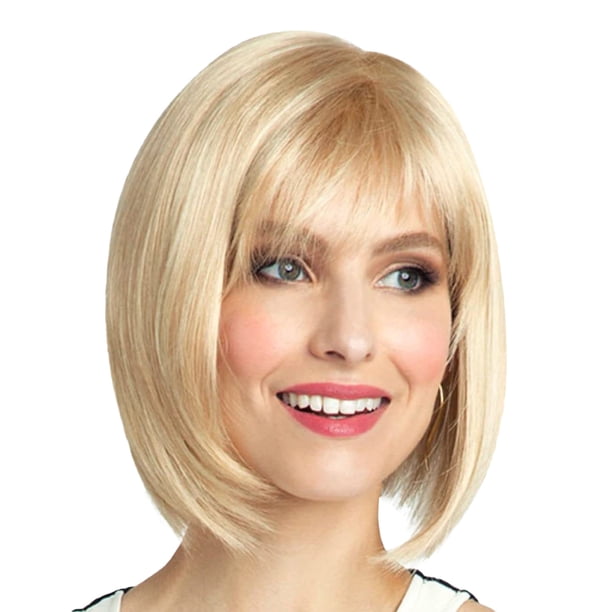 Peluca corta y moderna en color dorado con flequillo para mujer, elegante conjunto de peluca rubia