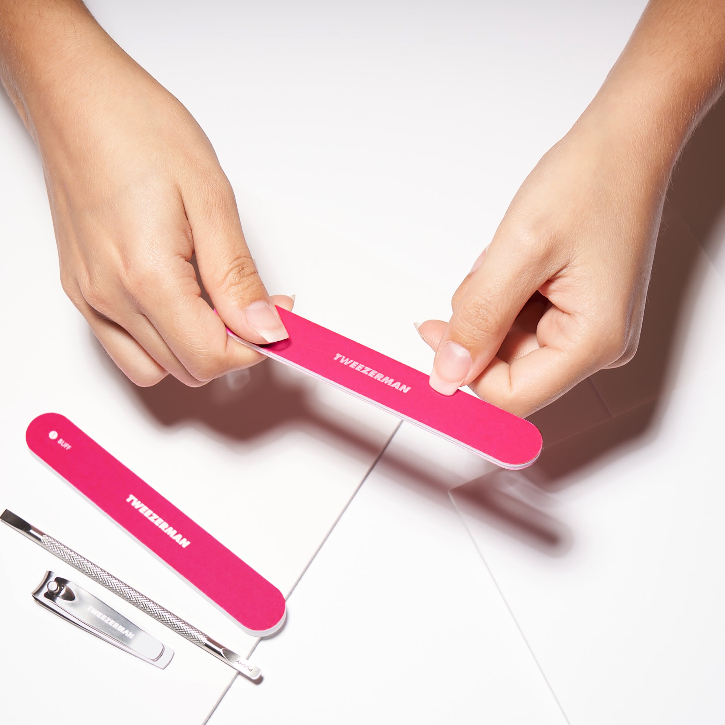 Tweezerman Ultimate Neon Pink Manicure Set Includes a Nail Pushy, Clipper, Buffer and File
