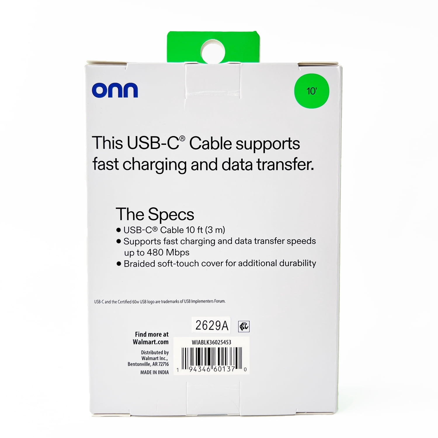 (2 pack) Onn 10ft USB-C to USB-C Braided Charging Cable, USB-IF Certified, Black - Compatible with iPhone, Samsung, Pixel, iPad Pro