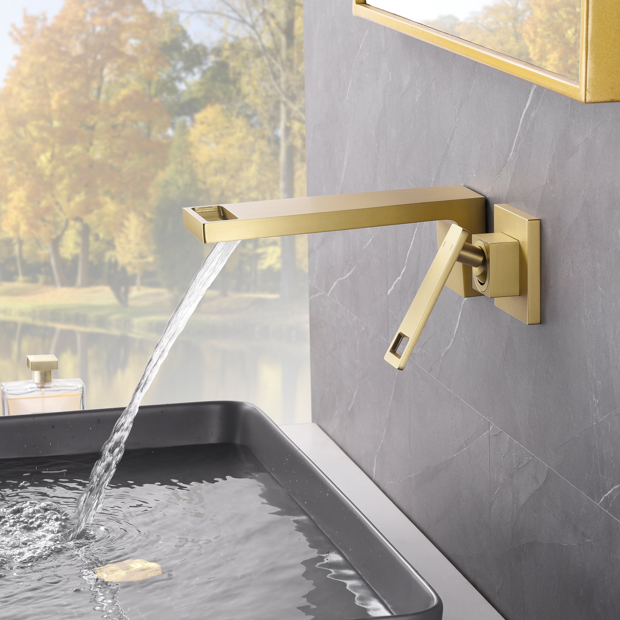 SUMERAIN Wall Mounted Bathroom Waterfall Faucet Wall Mount Sink Faucet Single Handle Vanity Faucet with Rough in Valve, Brushed Gold