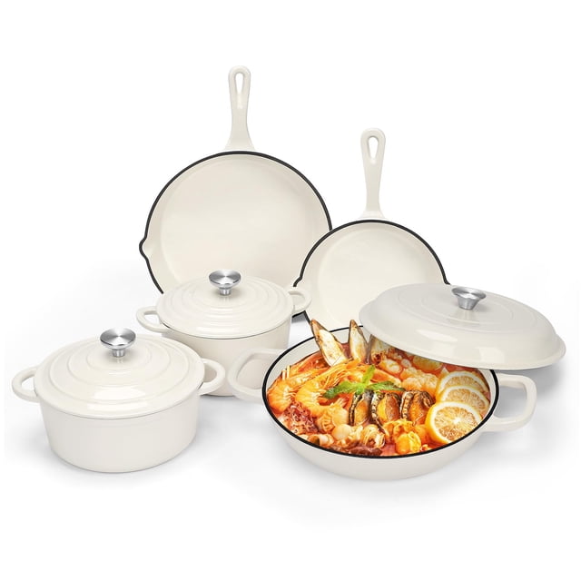Juego de utensilios de cocina de hierro fundido esmaltado antiadherente: 8 ollas y sartenes con tapa, sartén, sartén holandesa, apto para todo tipo de cocinas, ideal para hornear pan de masa madre, in
