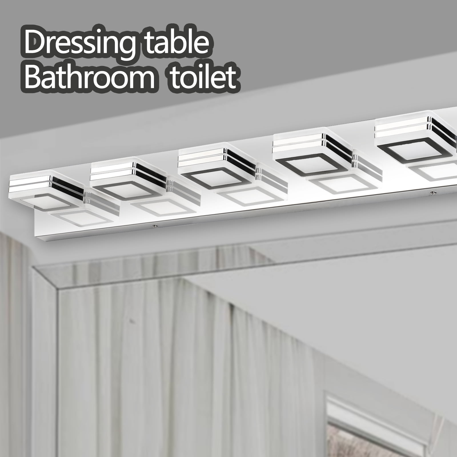 39" Modern Chrome 6-Light LED Vanity Light, Square Acrylic Lampshades Wall Mount Fixture for Bathroom, Mirror Lighting