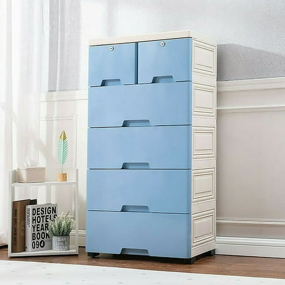 6 Drawer Wheels Tower Wardrobe Clothes Standing Dresser Plastic, Blue, 11.8" x 17.7" x 6.7", 14 lbs