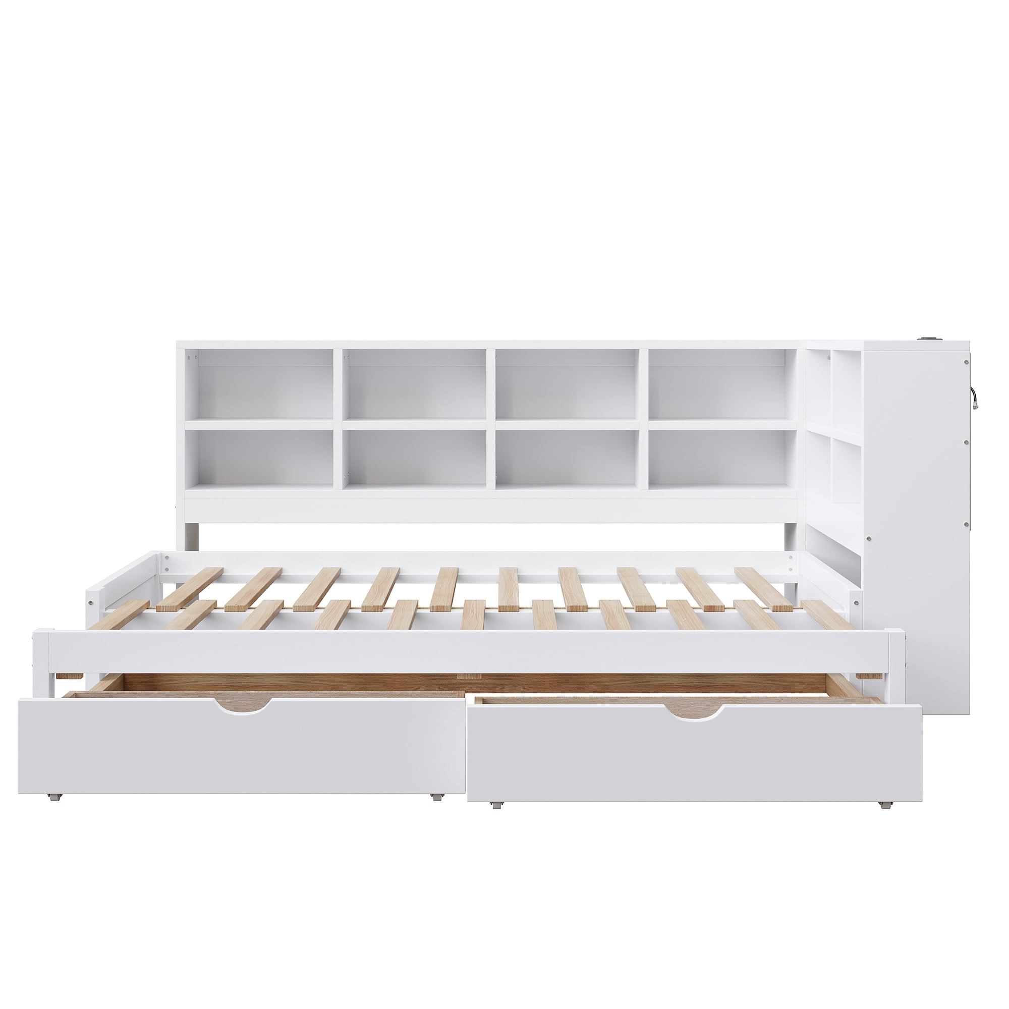 Euroco Wood Twin XL to King Size Daybed with Trundle and Drawers, Storage Headboard with LED Light and USB Ports, White